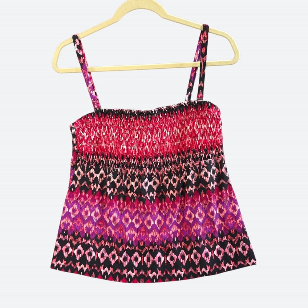 NWT Shore Club Boho Geometric Smocked Tankini Top 12 Swimwear Retro Pink Red